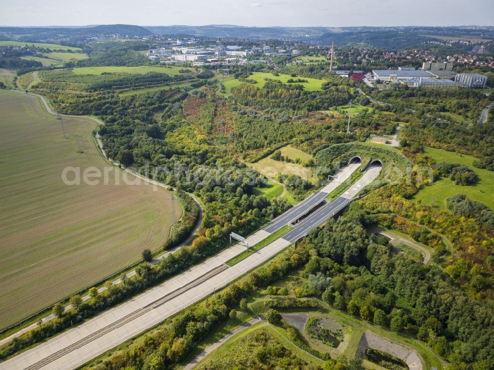 Dresden from the bird's eye view: Routing and traffic lanes during the highway tunnel construction of the motorway A 17 in the district Coschuetz in Dresden in the state Saxony, Germany