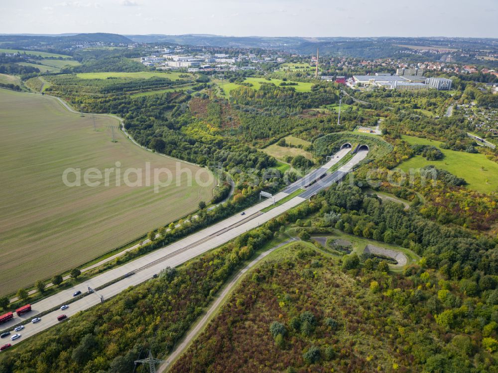 Aerial image Dresden - Route and lanes along the motorway tunnel structure Coschuetzer Tunnel of the BAB A17 in the district of Kaitz in Dresden in the federal state of Saxony, Germany