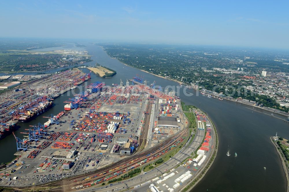 Hamburg from above - Routing and traffic lanes during the highway tunnel construction of the motorway A7 -Elbtunnel the container port of the inland port HHLA - Burchardkai in Hamburg