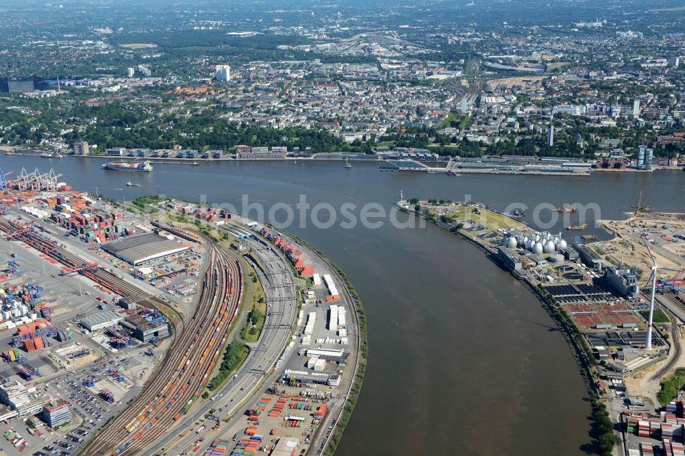 Hamburg from the bird's eye view: Routing and traffic lanes during the highway tunnel construction of the motorway A 7 -Elbtunnel am Containerhafen des Binnenhafen HHLA - Burchardkai in Hamburg in Germany