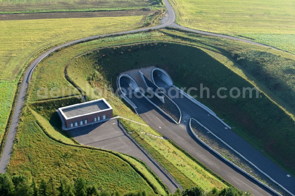 Aerial photograph Schwalmstadt - Routing and traffic lanes during the highway tunnel construction of the motorway A 49 Frankenhain in Schwalmstadt in the state Hesse, Germany