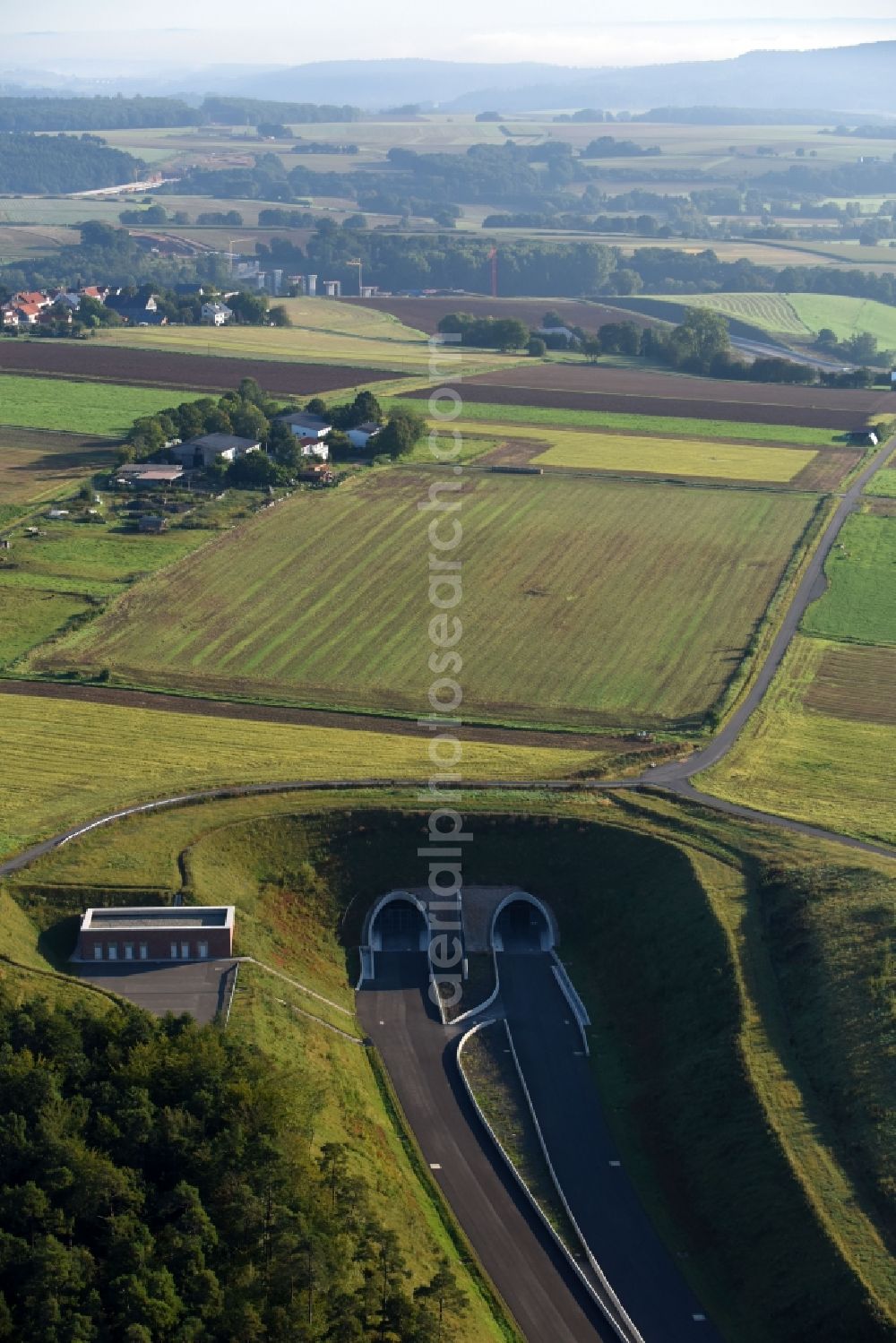 Schwalmstadt from above - Routing and traffic lanes during the highway tunnel construction of the motorway A 49 Frankenhain in Schwalmstadt in the state Hesse, Germany