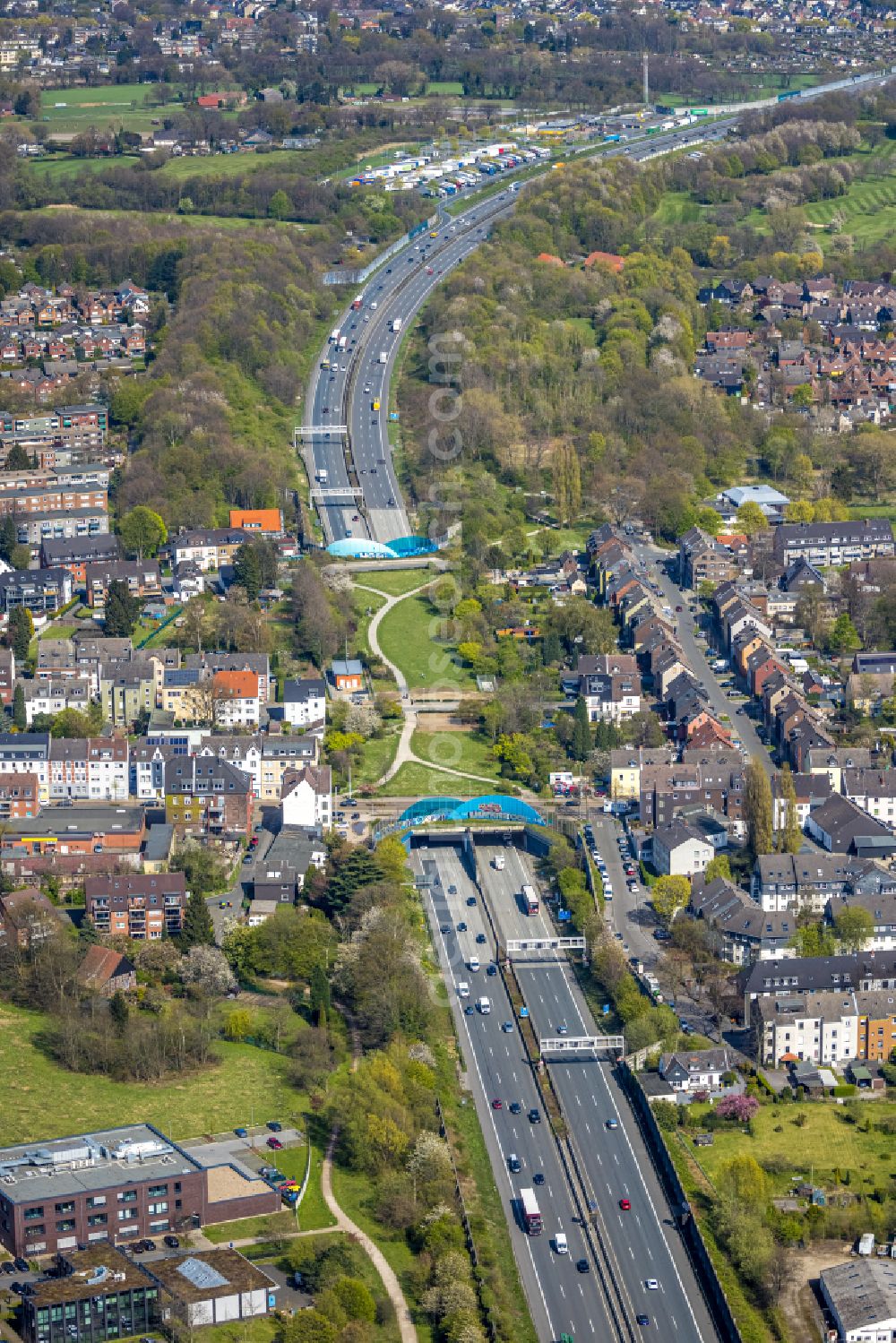 Gelsenkirchen from above - Routing and traffic lanes during the highway tunnel construction of the motorway A 2 in Gelsenkirchen in the state North Rhine-Westphalia, Germany