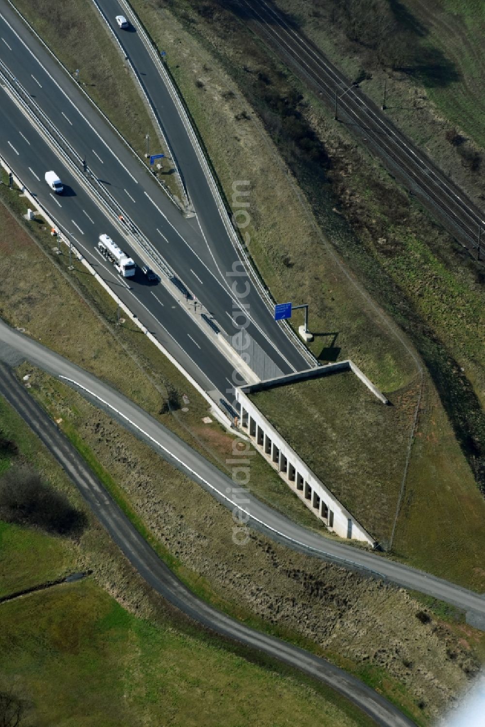 Neuhof from above - Routing and traffic lanes during the highway tunnel construction of the motorway A66 Neuhof-Sued in Neuhof in the state Hesse