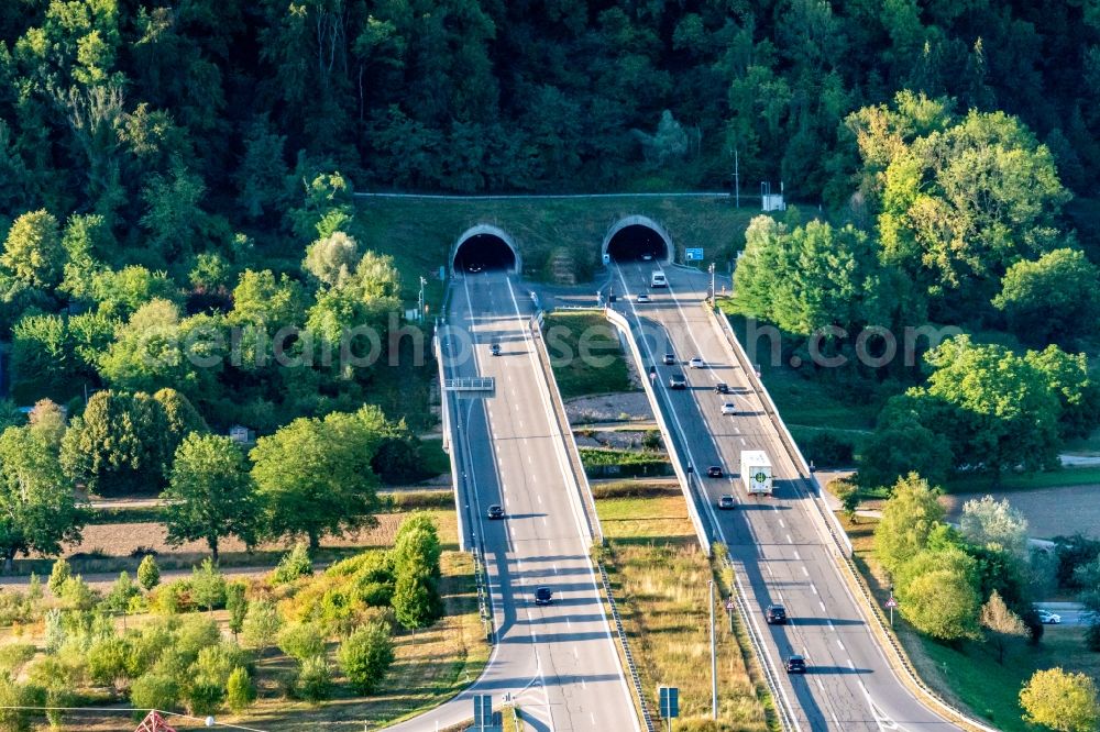 Rheinfelden (Baden) from above - Routing and traffic lanes during the highway tunnel construction of the motorway A 98 in Rheinfelden (Baden) in the state Baden-Wurttemberg, Germany