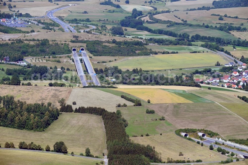 Aerial photograph Walburg - Routing and traffic lanes during the highway tunnel Walbergtunnel und Hopfenbergtunnel construction of the motorway A 44 in Walburg in the state Hesse, Germany