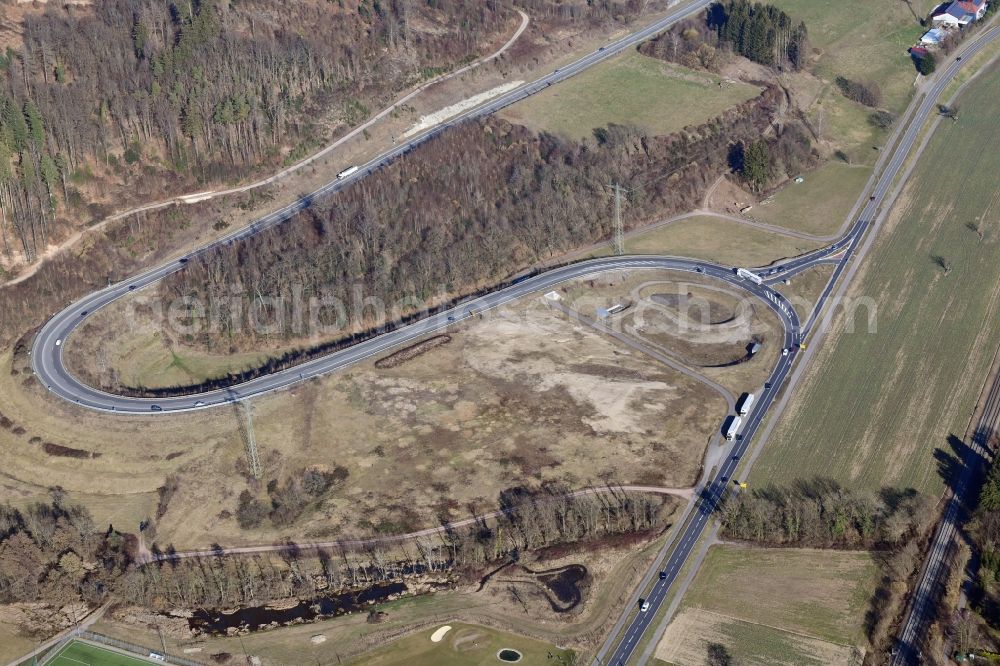 Bad Säckingen from above - Routing and traffic lanes of the highway exit and access motorway A 98 to the state road B34 in Bad Saeckingen in the state Baden-Wurttemberg, Germany