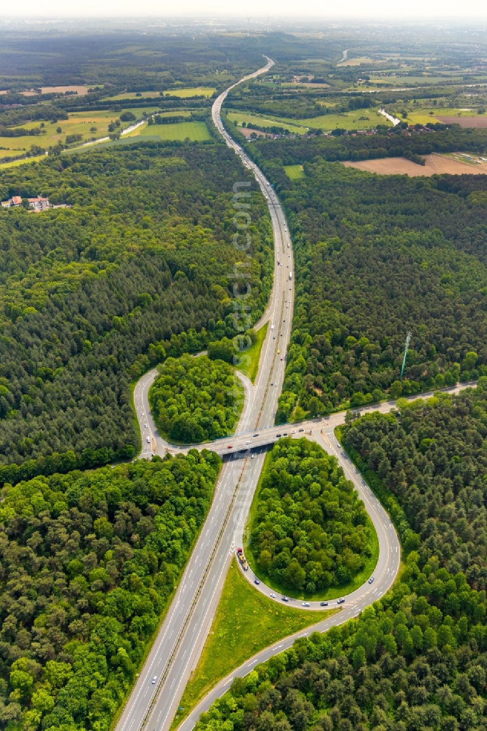 Aerial image Haltern am See - Routing and traffic lanes during the highway exit and access the motorway A 43 in Haltern am See in the state North Rhine-Westphalia, Germany