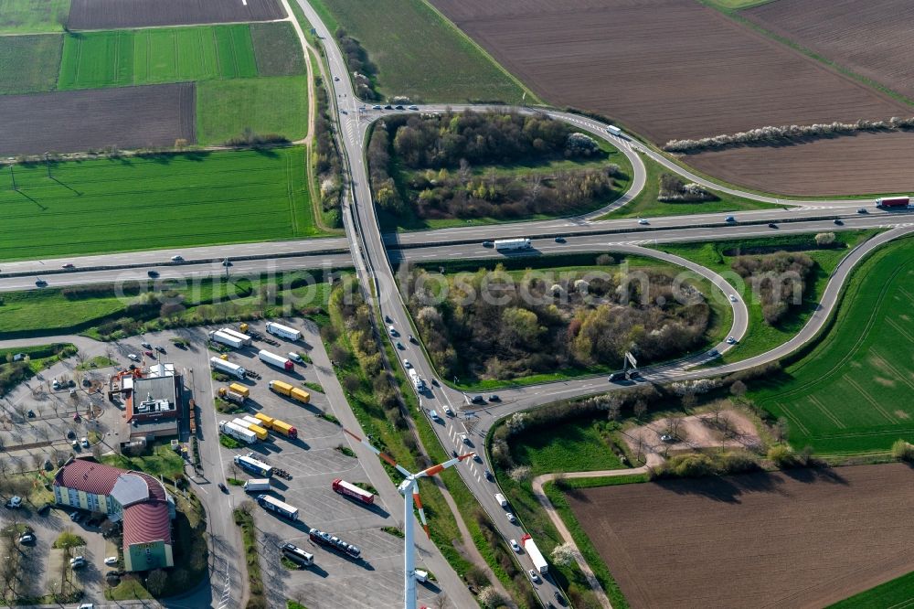 Herbolzheim from above - Routing and traffic lanes during the highway exit and access the motorway A 5 in Herbolzheim in the state Baden-Wurttemberg, Germany