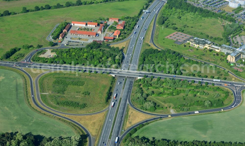 Rangsdorf from the bird's eye view: Motorway exit Rangsdorf on the Berliner Ring motorway A10 - E30 in Rangsdorf in Brandenburg