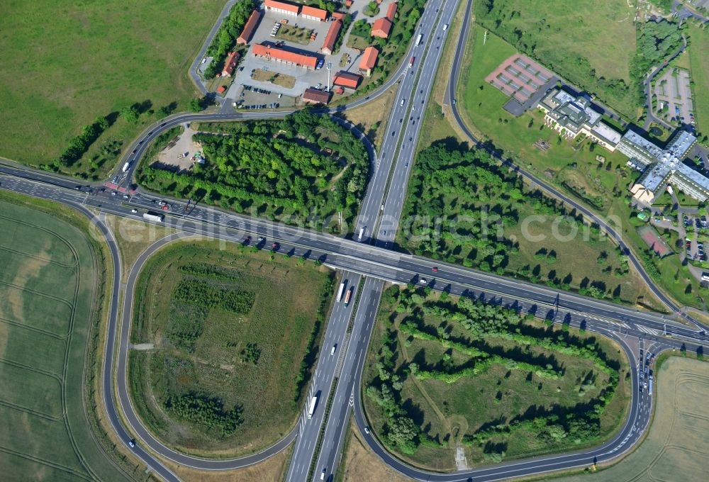 Aerial photograph Rangsdorf - Motorway exit Rangsdorf on the Berliner Ring motorway A10 - E30 in Rangsdorf in Brandenburg