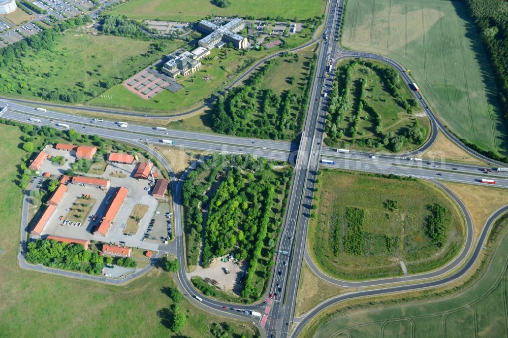 Rangsdorf from above - Motorway exit Rangsdorf on the Berliner Ring motorway A10 - E30 in Rangsdorf in Brandenburg