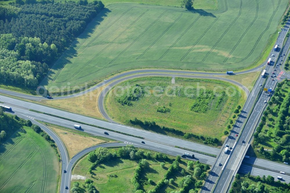 Rangsdorf from above - Motorway exit Rangsdorf on the Berliner Ring motorway A10 - E30 in Rangsdorf in Brandenburg