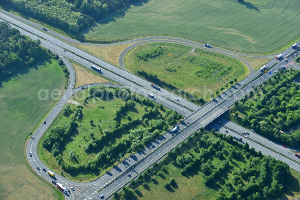 Rangsdorf from the bird's eye view: Motorway exit Rangsdorf on the Berliner Ring motorway A10 - E30 in Rangsdorf in Brandenburg