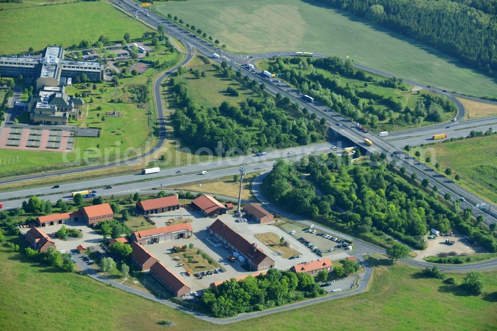 Rangsdorf from the bird's eye view: Motorway exit Rangsdorf on the Berliner Ring motorway A10 - E30 in Rangsdorf in Brandenburg