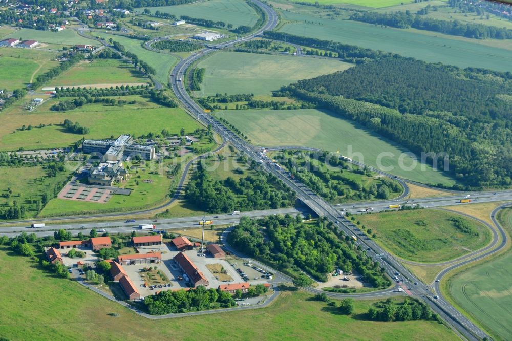 Aerial image Rangsdorf - Motorway exit Rangsdorf on the Berliner Ring motorway A10 - E30 in Rangsdorf in Brandenburg