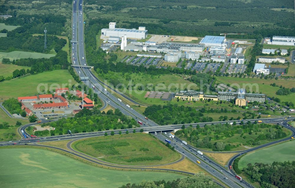 Rangsdorf from above - Motorway exit Rangsdorf on the Berliner Ring motorway A10 - E30 in Rangsdorf in Brandenburg