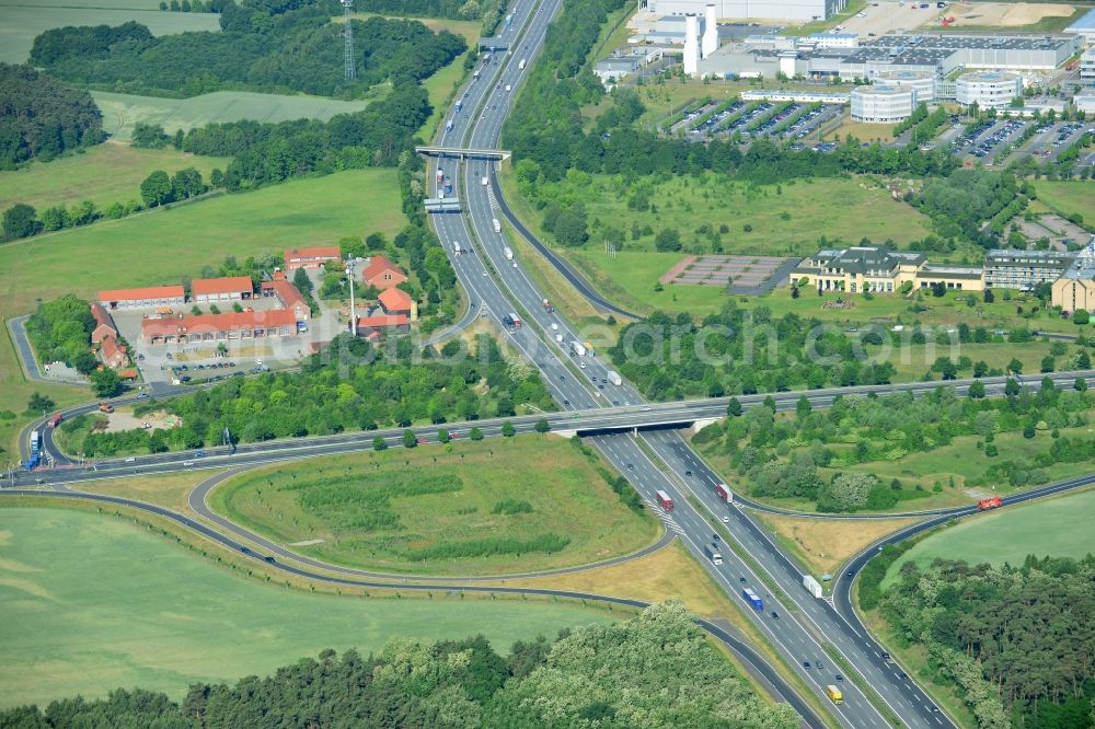 Rangsdorf from the bird's eye view: Motorway exit Rangsdorf on the Berliner Ring motorway A10 - E30 in Rangsdorf in Brandenburg