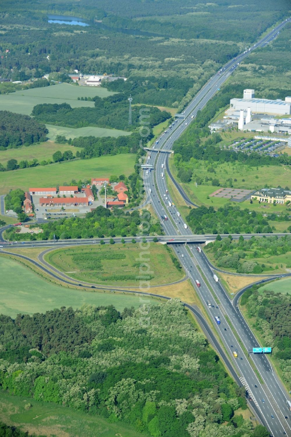 Aerial image Rangsdorf - Motorway exit Rangsdorf on the Berliner Ring motorway A10 - E30 in Rangsdorf in Brandenburg