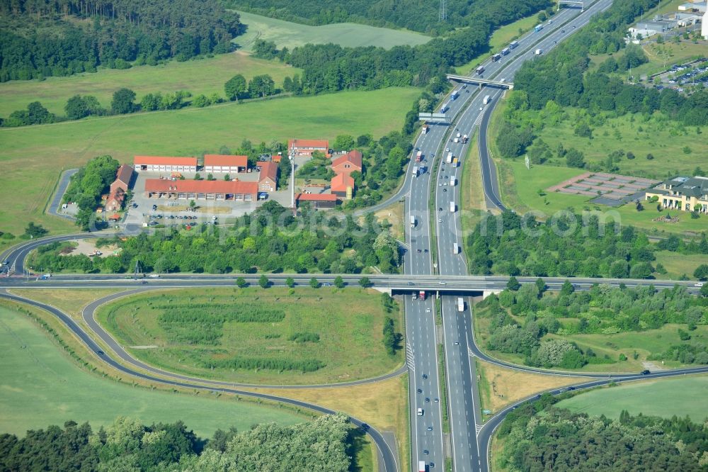 Aerial photograph Rangsdorf - Motorway exit Rangsdorf on the Berliner Ring motorway A10 - E30 in Rangsdorf in Brandenburg