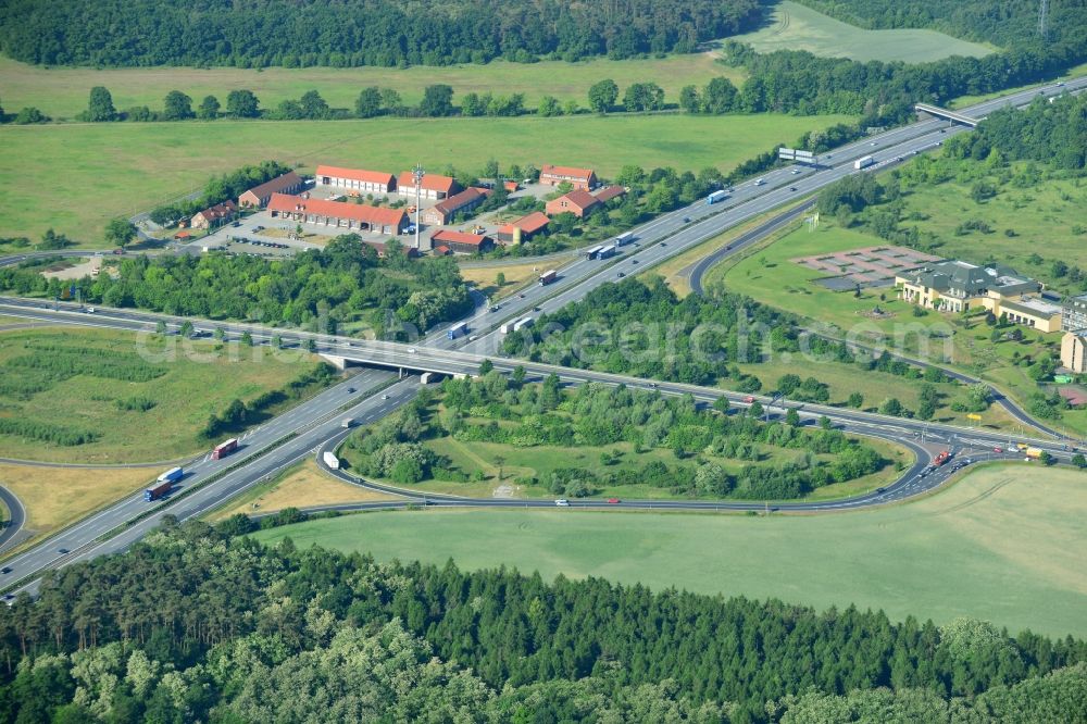 Rangsdorf from above - Motorway exit Rangsdorf on the Berliner Ring motorway A10 - E30 in Rangsdorf in Brandenburg