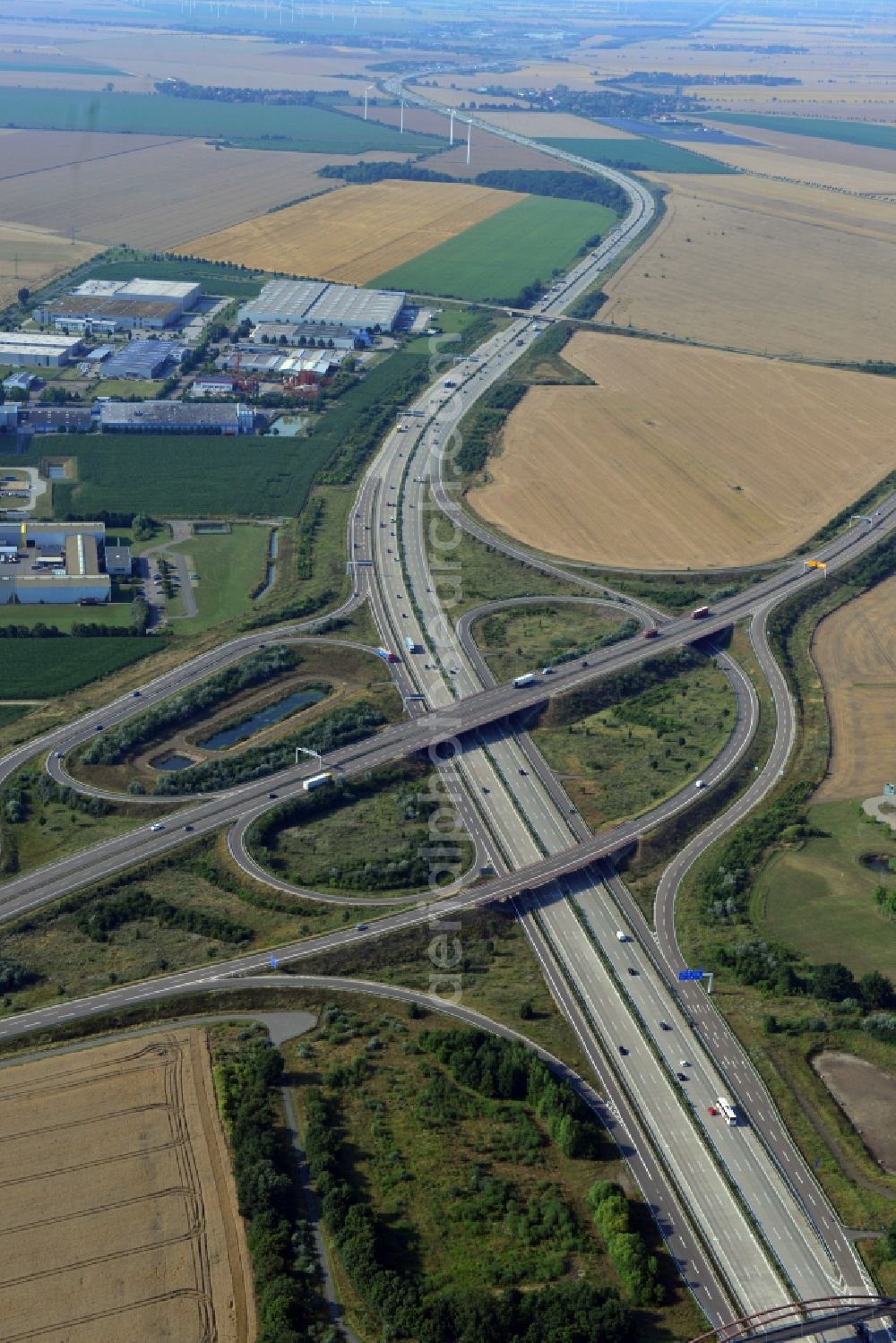 Brehna from the bird's eye view: Motorway Dessau along the A9 motorway and the federal road B100 in Dessau in Saxony-Anhalt