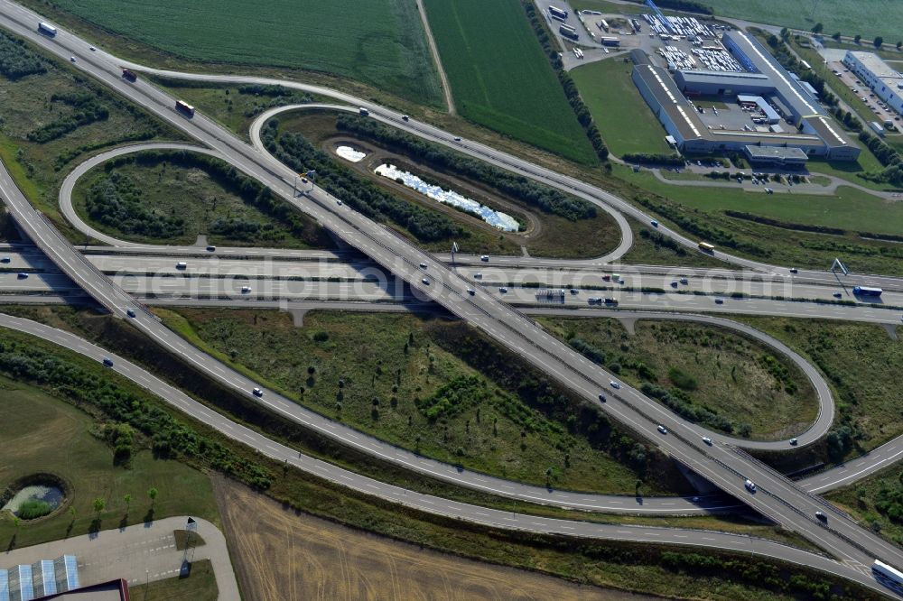 Brehna from the bird's eye view: Motorway Dessau along the A9 motorway and the federal road B100 in Dessau in Saxony-Anhalt