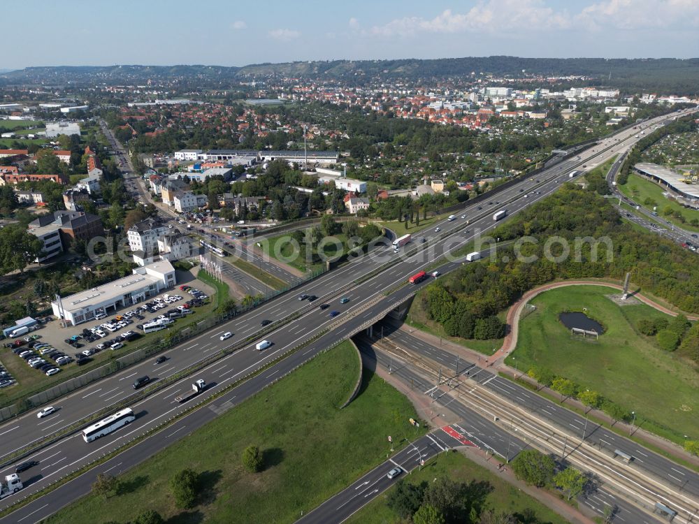 Aerial photograph Dresden - Autobahn exit A4 Dresden Neustadt in Dresden in the federal state of Saxony, Germany