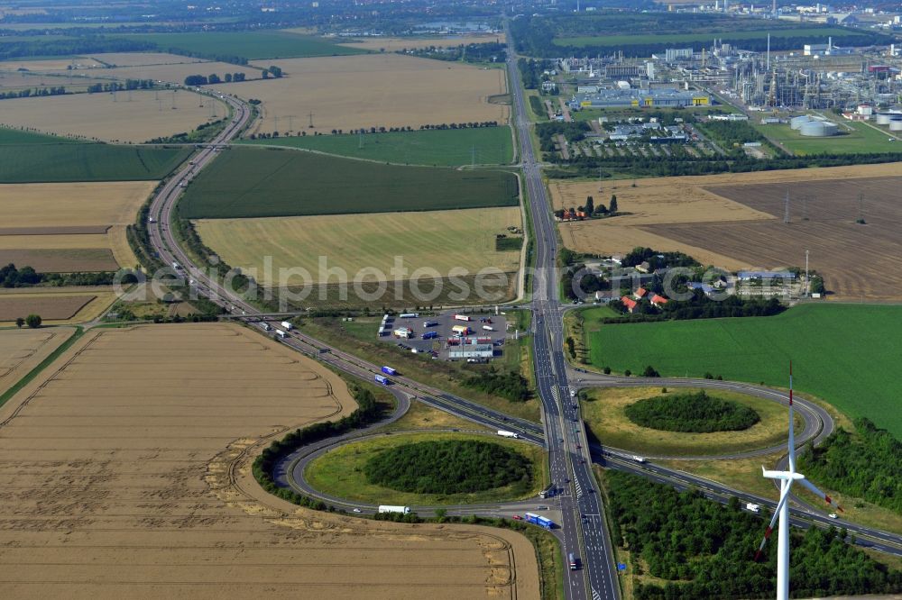 Aerial image Leuna - Motorway Leuna along the A38 motorway and the B91 federal road in Leuna in Saxony-Anhalt