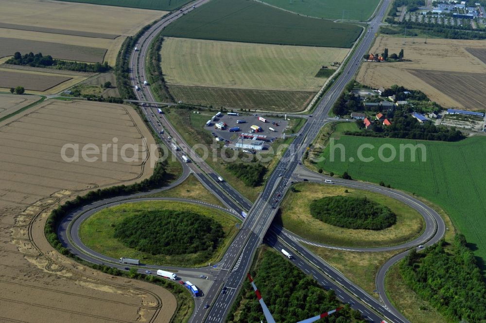 Leuna from the bird's eye view: Motorway Leuna along the A38 motorway and the B91 federal road in Leuna in Saxony-Anhalt