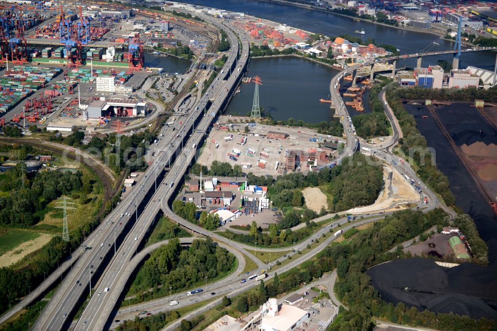 Hamburg from above - Motorway exit slip road A7 HH-Waltershof, the course of curve on the Finkenwerder road and Waltershof customs office in Hamburg-Mitte. A project of the Hamburg Port Authority HPA