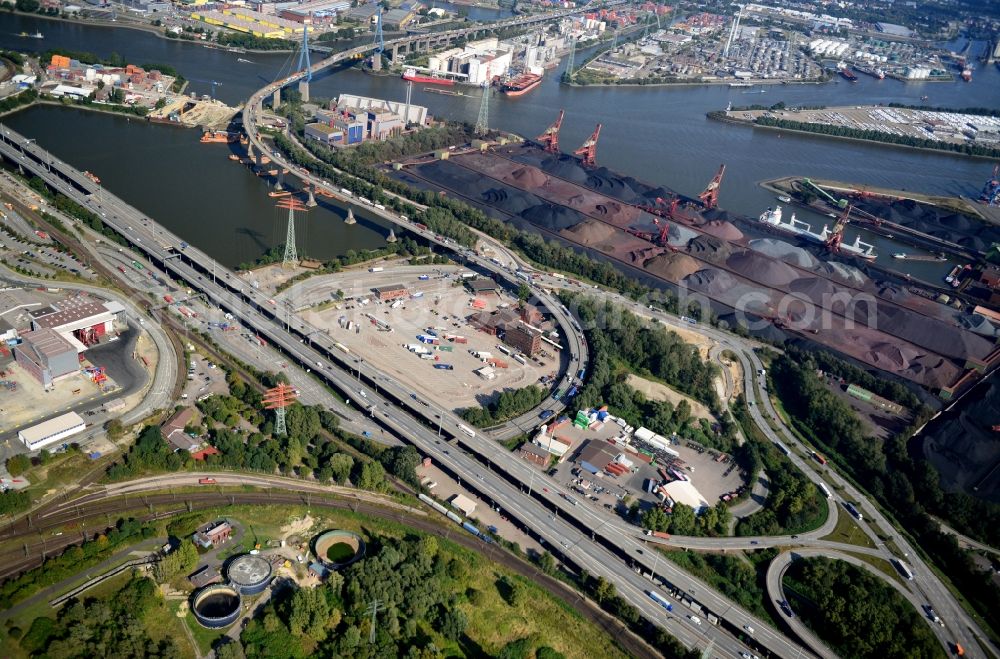 Aerial image Hamburg - Motorway exit slip road A7 HH-Waltershof, the course of curve on the Finkenwerder road and Waltershof customs office in Hamburg-Mitte. A project of the Hamburg Port Authority HPA