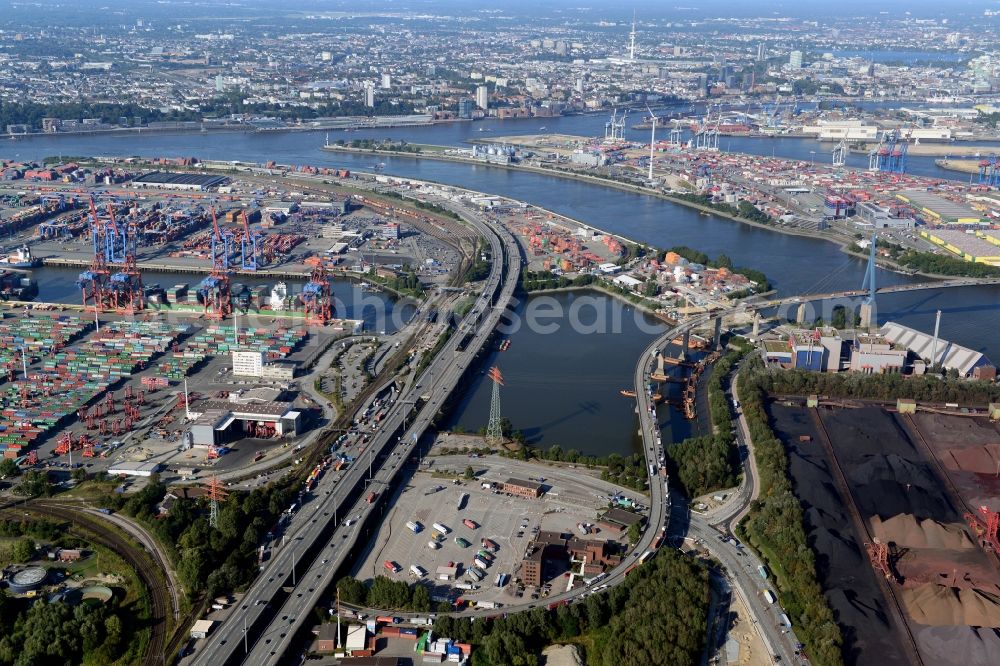 Hamburg from the bird's eye view: Motorway exit slip road A7 HH-Waltershof, the course of curve on the Finkenwerder road and Waltershof customs office in Hamburg-Mitte. A project of the Hamburg Port Authority HPA