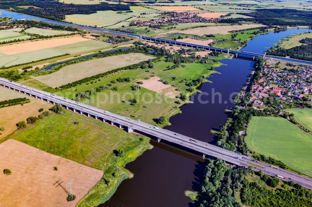 Aerial image Hohenwarthe - Highway bridge A2 over the Elbe in Hohenwarthe in the state Saxony-Anhalt, Germany