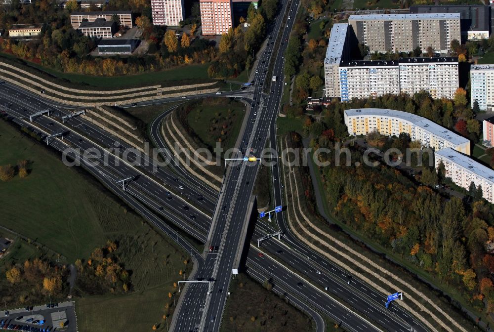 Jena from the bird's eye view: Highway bridge the street Stadtrodaer Straße across the freeway A4 in Jena in Thuringia