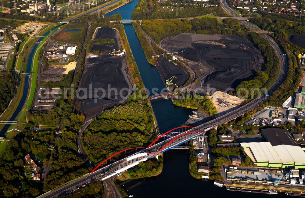 Essen from above - View of the highway bridges of the motorway A42 on the Rhine-Herne Canal in Essen in North Rhine-Westphalia