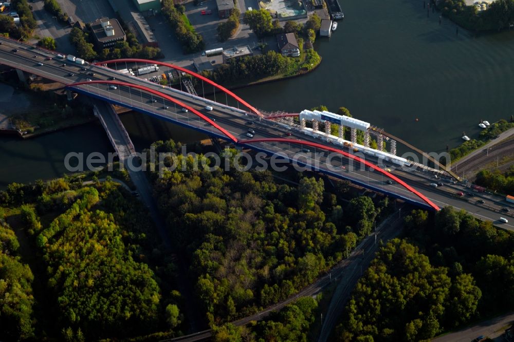 Essen from the bird's eye view: View of the highway bridges of the motorway A42 on the Rhine-Herne Canal in Essen in North Rhine-Westphalia