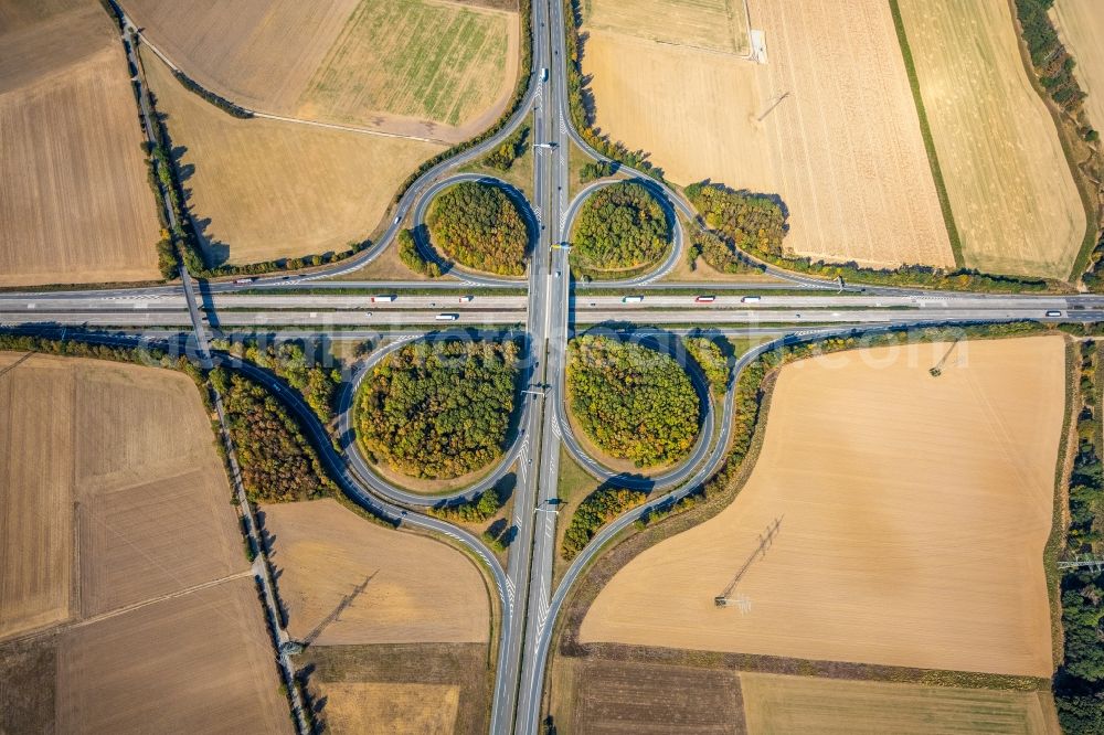 Aerial photograph Anröchte - Highway triangle the federal motorway A 44 in Anroechte in the state North Rhine-Westphalia, Germany