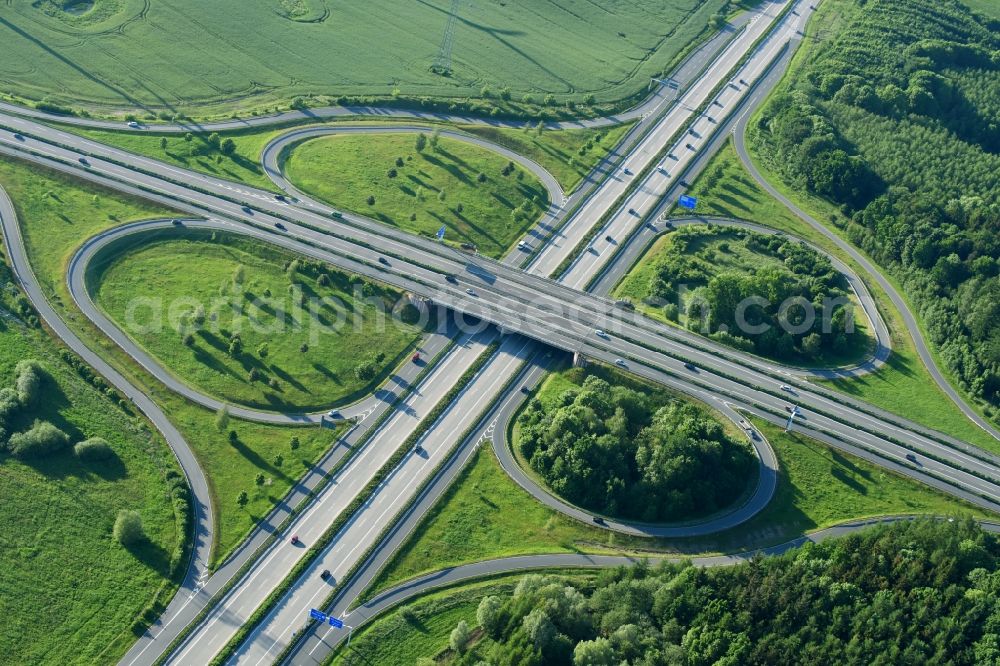 Kessin from the bird's eye view: Highway triangle the federal motorway A 19 and motorway A20 in Kessin in the state Mecklenburg - Western Pomerania, Germany