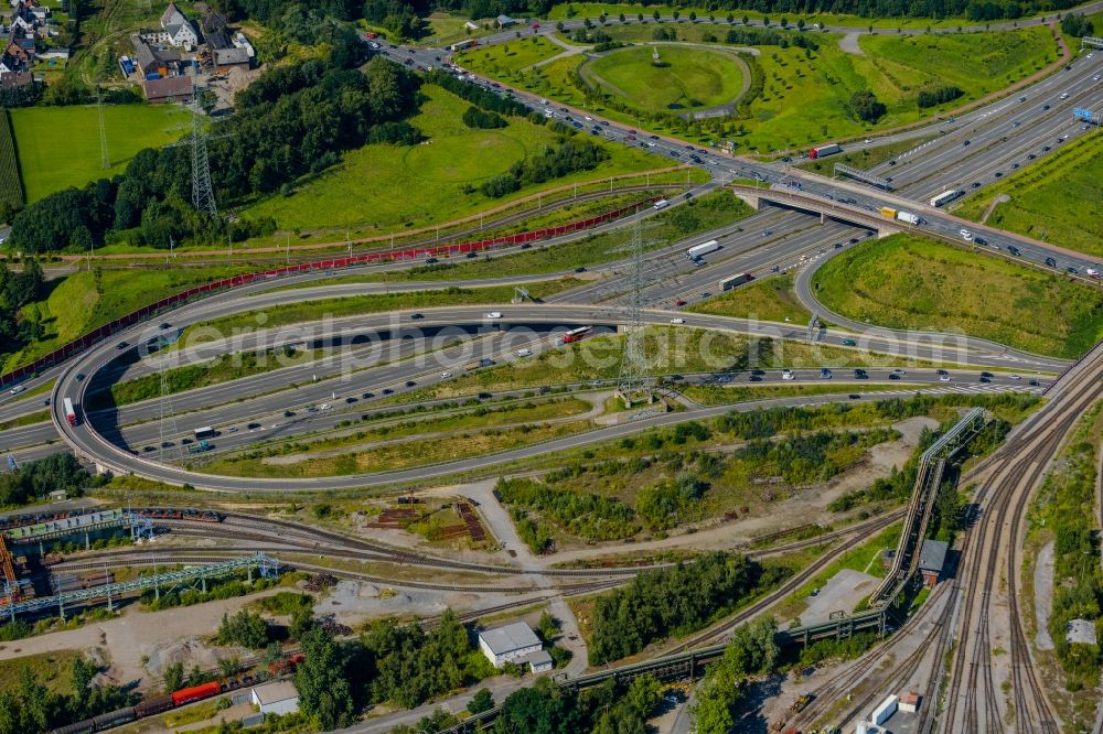 Bochum from above - Highway triangle the federal motorway A 40 in Bochum at Ruhrgebiet in the state North Rhine-Westphalia, Germany