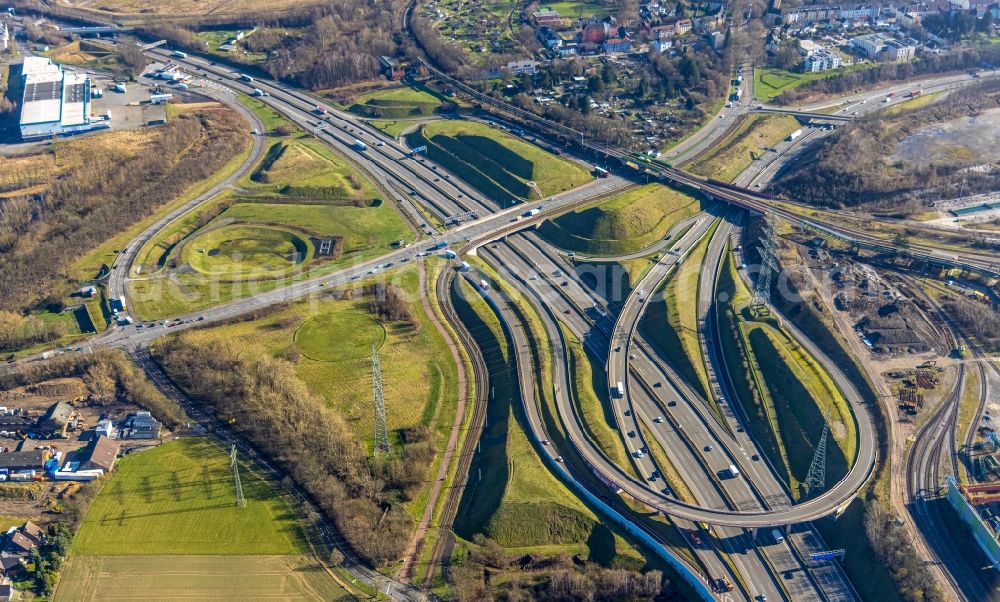 Aerial image Bochum - highway triangle the federal motorway A 40 in Bochum in the state North Rhine-Westphalia, Germany