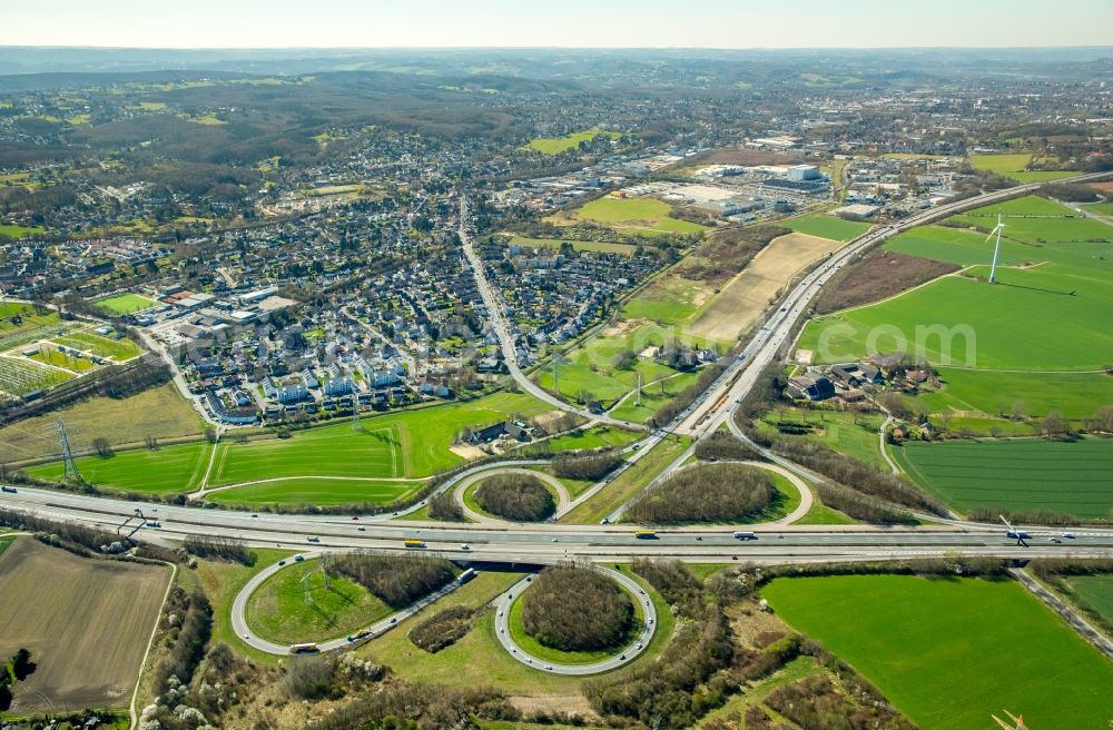 Aerial image Dortmund - Highway triangle the federal motorway A 44 A45 Dreieck Dortmund/Witten in the district Hombruch in Dortmund in the state North Rhine-Westphalia