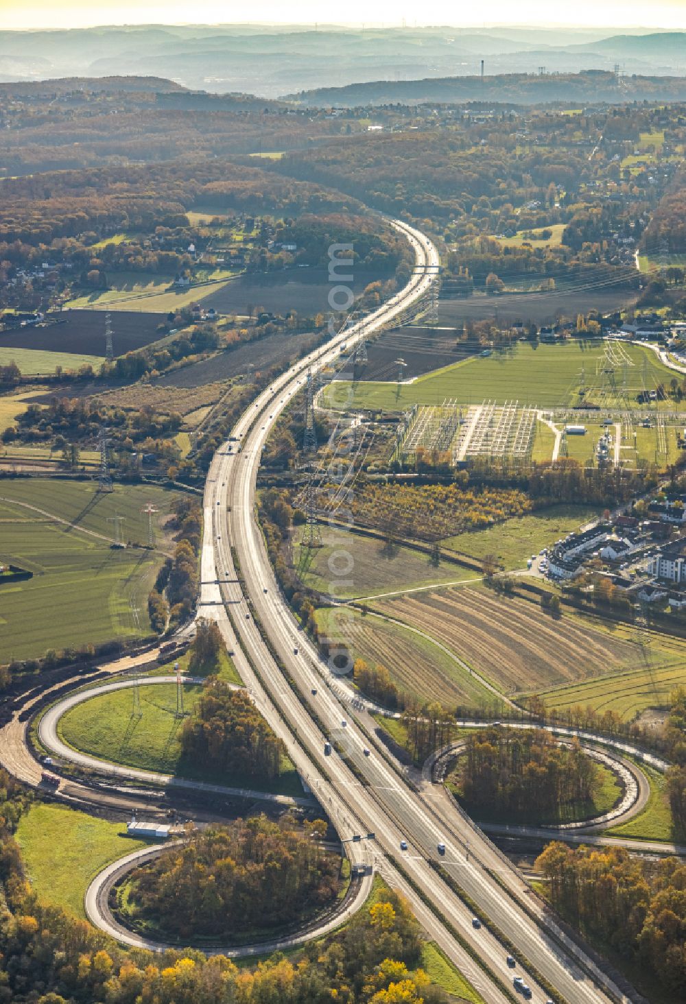 Aerial photograph Dortmund - Highway triangle the federal motorway A 44 A45 Dreieck Dortmund/Witten in the district Hombruch in Dortmund at Ruhrgebiet in the state North Rhine-Westphalia