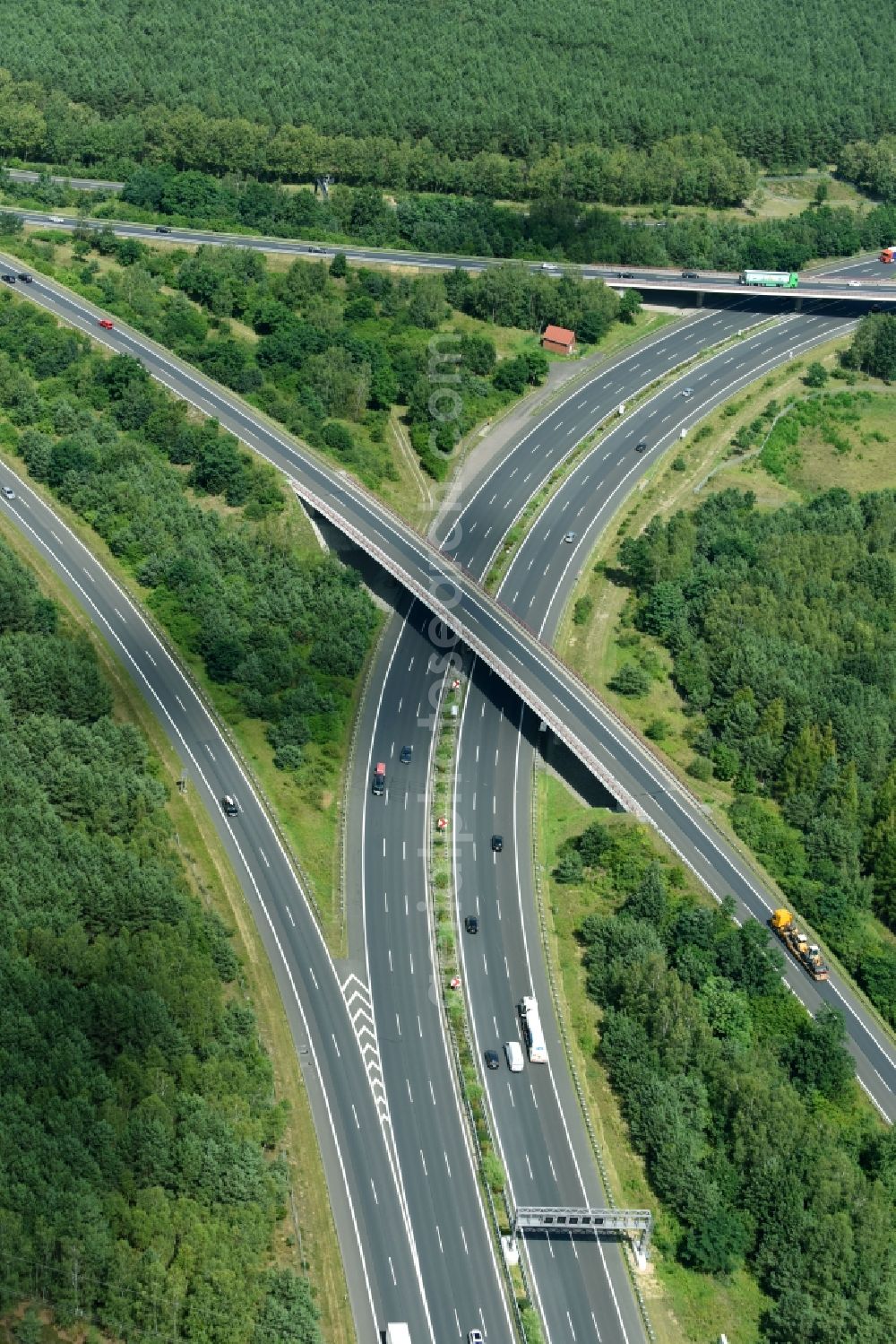 Aerial photograph Schwielowsee - Highway triangle the federal motorway A 9 - A10 Dreieck Potsdam in Schwielowsee in the state Brandenburg, Germany