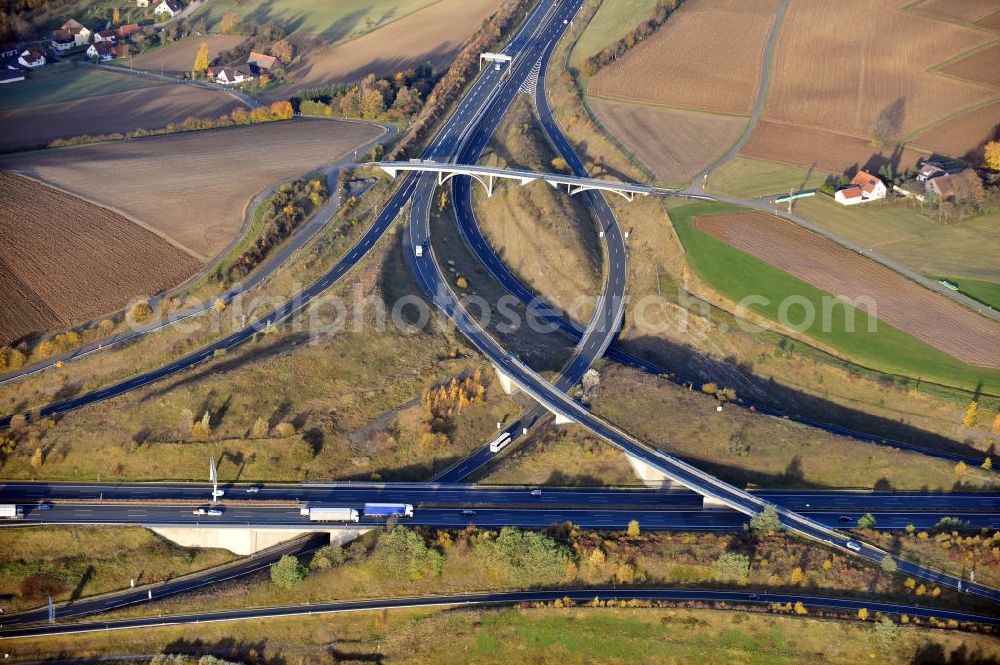 Harsdorf from above - Das Dreieck Bayreuth - Kulmbach, ein Autobahndreieck der Autobahn A 70 und A 9 in Bayern / Oberfranken. Motorway junction Bayreuth - Kulmbach of the freeway E48 and E51 in Bavaria / Upper Franconia.