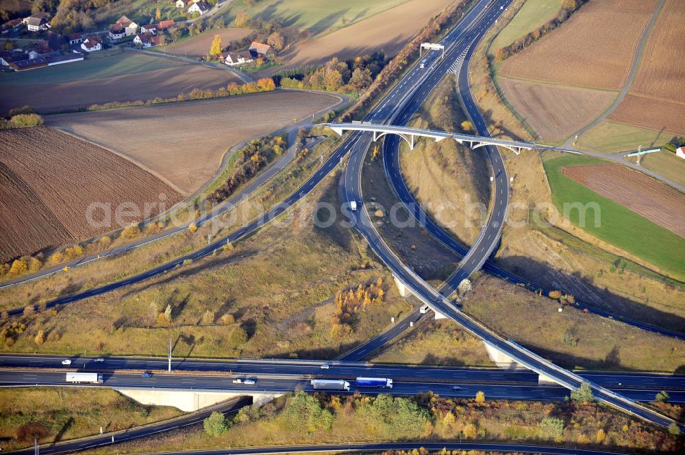 Harsdorf from the bird's eye view: Das Dreieck Bayreuth - Kulmbach, ein Autobahndreieck der Autobahn A 70 und A 9 in Bayern / Oberfranken. Motorway junction Bayreuth - Kulmbach of the freeway E48 and E51 in Bavaria / Upper Franconia.