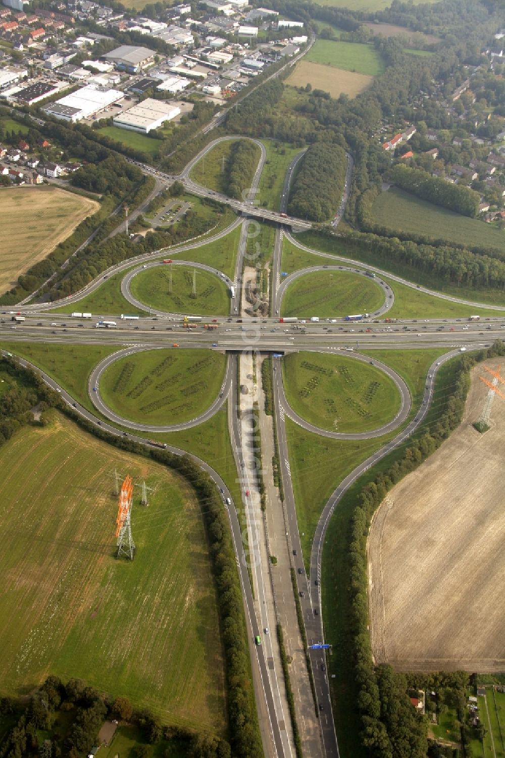 Dortmund from the bird's eye view: Highway triangle Dortmund Bodelschwing the motorway A42 - A3 in Dortmund in North Rhine-Westphalia