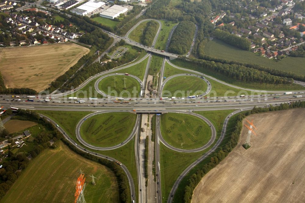 Aerial image Dortmund - Highway triangle Dortmund Bodelschwing the motorway A42 - A3 in Dortmund in North Rhine-Westphalia