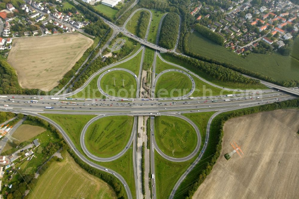 Aerial photograph Dortmund - Highway triangle Dortmund Bodelschwing the motorway A42 - A3 in Dortmund in North Rhine-Westphalia