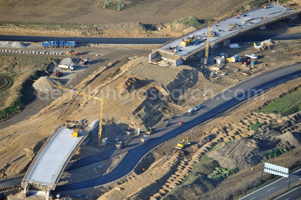 SCHWANEBECK from above - Baustelle vom Autobahndreieck Kreuz Barnim, vormals AD Schwanebeck, mit Aus- und Umbauarbeiten. Die EUROVIA führt im Auftrag des Landesbetrieb Brandenburg umfangreiche Abbruch-, Erdarbeiten und den Neubau von Brückenbauwerken zum Um- und Ausbau des Autobahndreiecks (AD) Barnim am nördlichen Berliner Ring durch. View of the construction site at the highway triangle Kreuz Barnim.